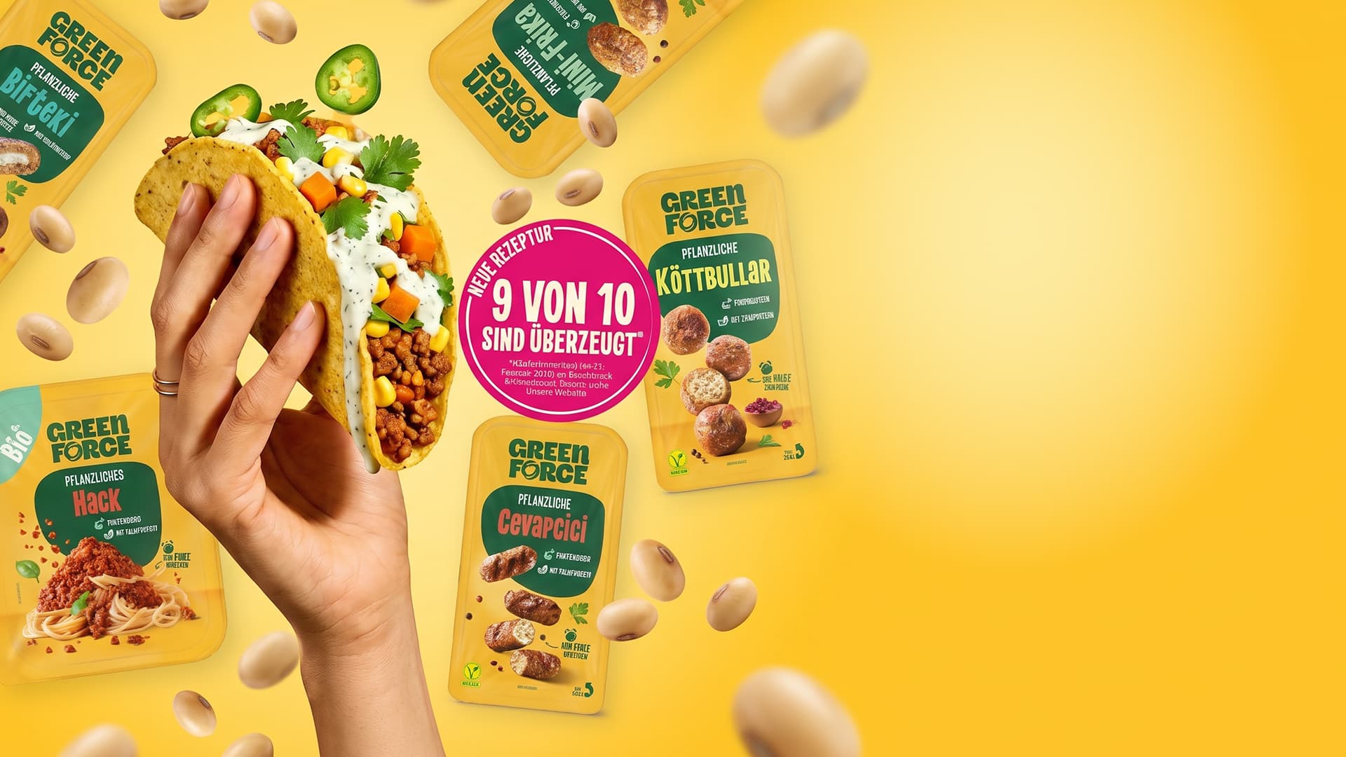 Taco mit pflanzlichem Hack und Vielfalt der GREENFORCE Produkte